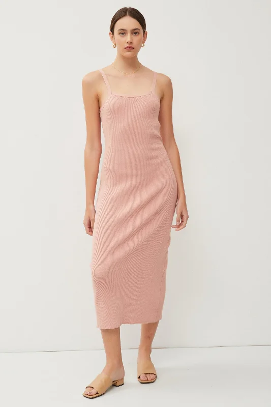 Savings Event fitted dressMauve Knit Open Tie Back Midi Dress