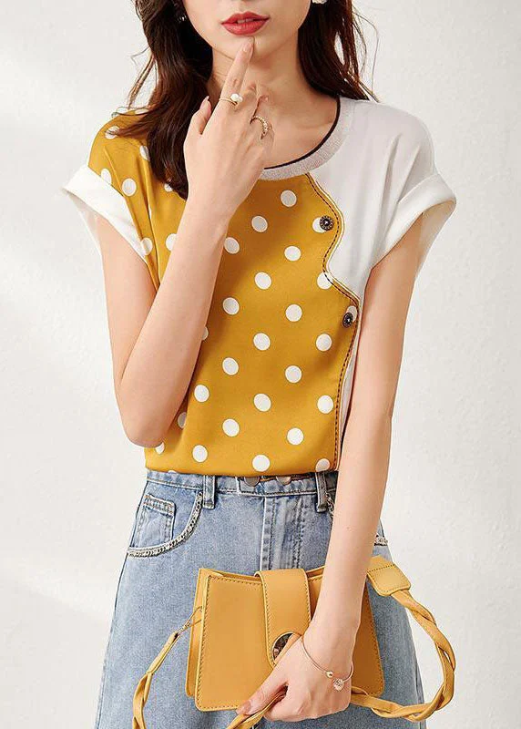 Hurry In Beautiful Yellow O Neck Patchwork Print Silk Top Summer LY0084