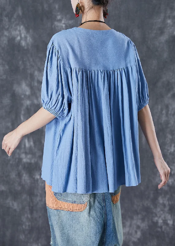 Price Cut Unique Sky Blue Oversized Patchwork Linen Top Summer TD1044