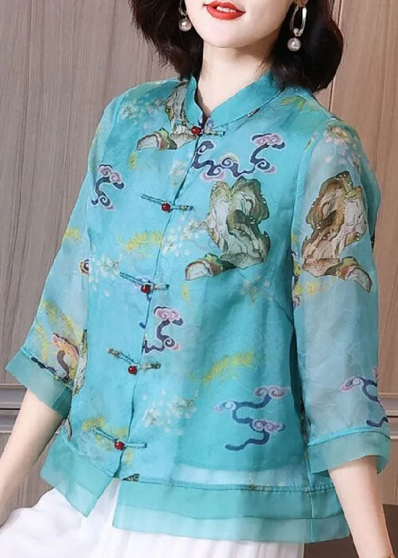Stock Clearance Vintage Blue Stand Collar Print Chinese Button Patchwork Linen Tops Summer TP1051