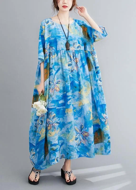 Bargain Bin shift dressLoose o neck Cinched summer clothes blue print Maxi Dresses