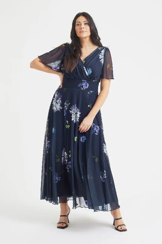 Customer Appreciation Sale silk dressIsabelle Navy Dandelion Float Sleeve Maxi Dress