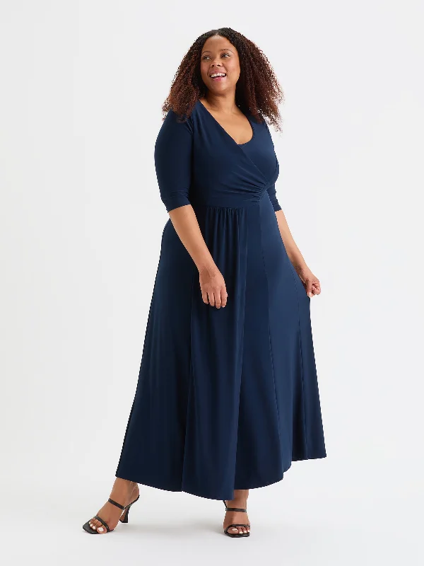 YEAR-End Sale elegant shift dressSolid Navy Ruched Maxi Gown