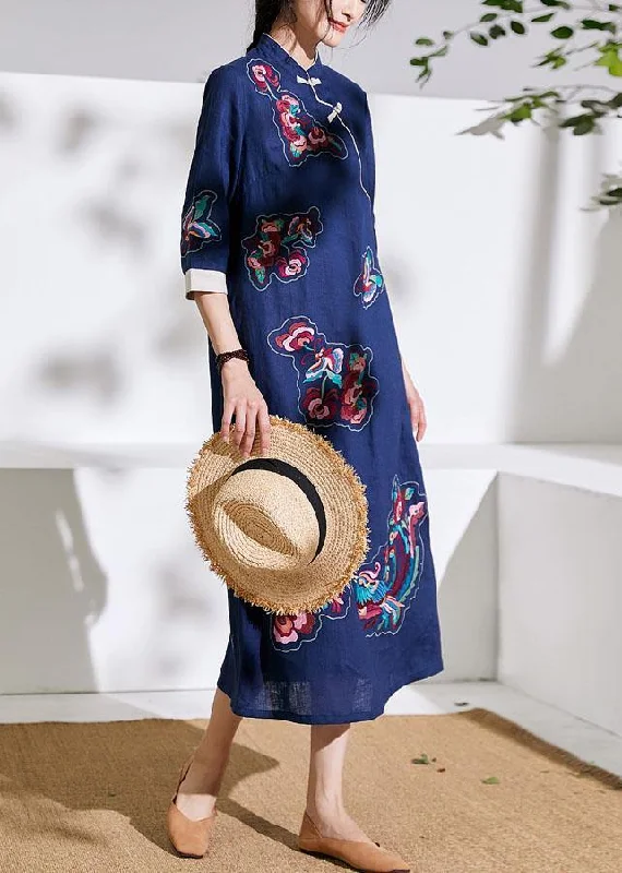Huge Discounts luxury dressHandmade stand collar embroideried fabric linen summer dresses blue Dresses