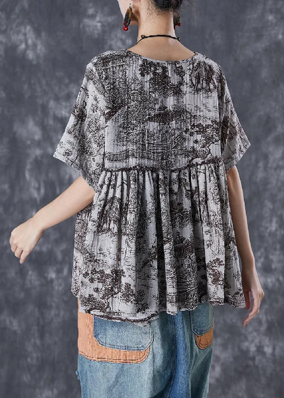 Price Rollback Vintage Oversized Inkwash Painting Print Linen Shirt Tops Summer TD1056