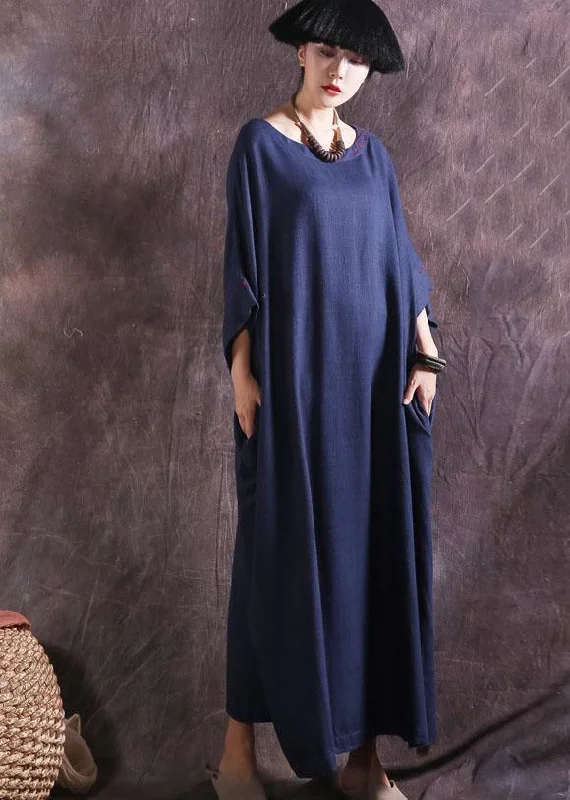 Major Savings textured dressDIY blue loose waist linen cotton clothes For Women Batwing Sleeve long summer Dresses