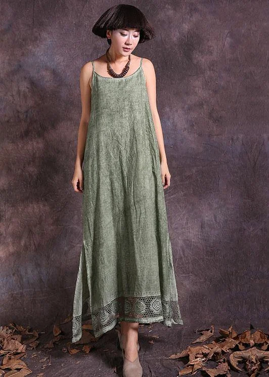 Mega Sale chic shift dressModern green sleeveless linen Robes side open loose summer Dress