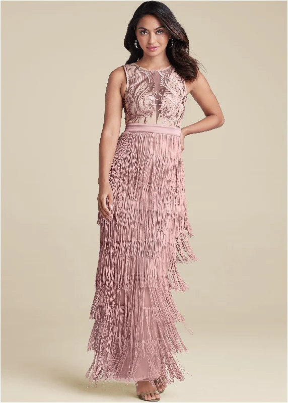 Price Drop playful dressEmbroidered Fringe Long Dress - Tan