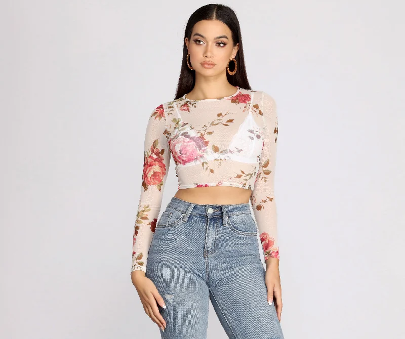 Flash Sale Sweet Floral Mesh Crop Top