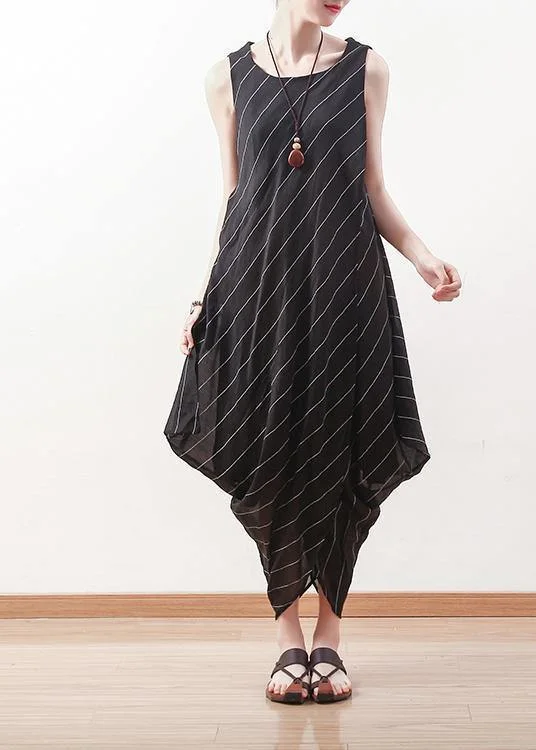 Midnight Madness satin dressElegant black sleeveless linen Robes asymmetric Maxi summer Dresses