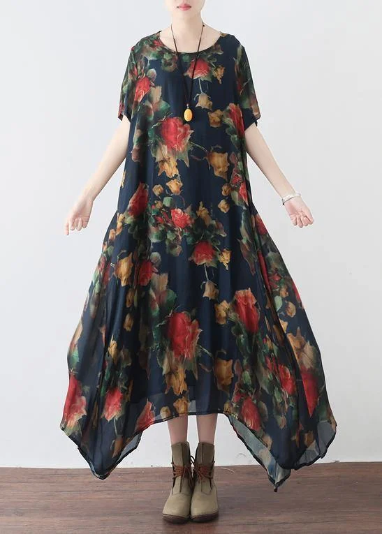Daily Deals floral wrap dressElegant o neck asymmetric summer outfit Sewing black print Traveling Dress
