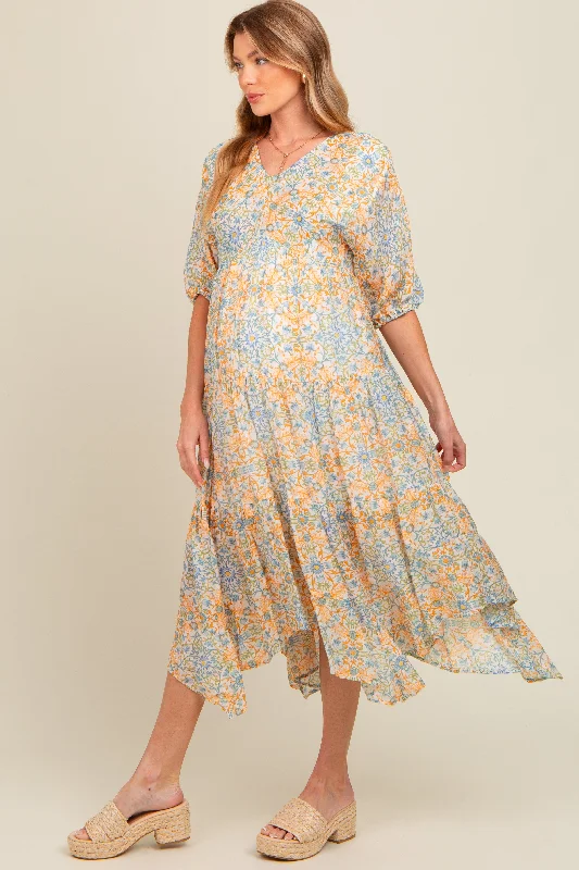 Fantastic Offers floral dressOrange Floral Border Print V-Neck Tiered Maternity Midi Dress