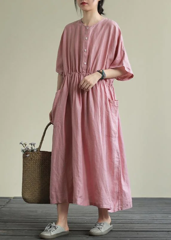 Amazing Deals evening dressDIY o neck elastic waist linen summer dress Wardrobes pink Dresses
