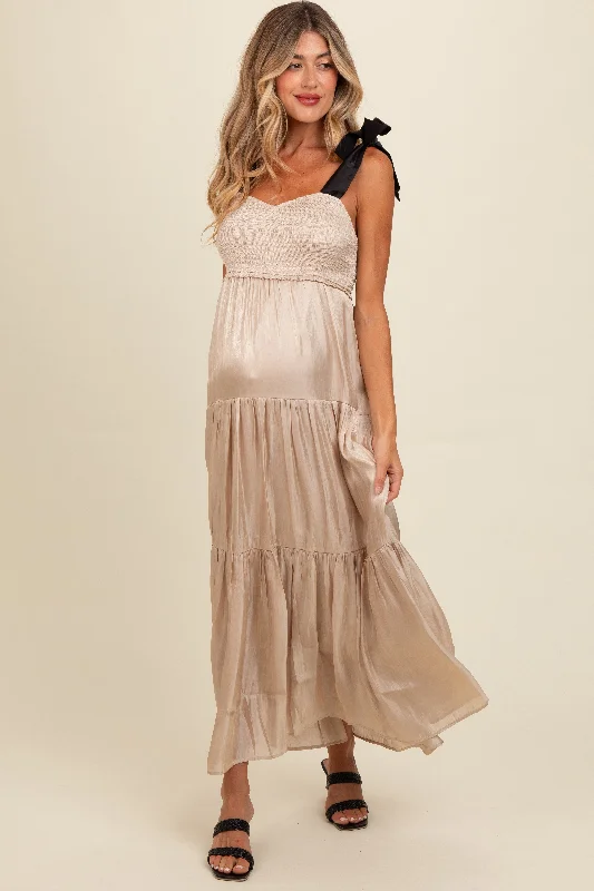 Deal Dash ashionable dressBeige Tiered Satin Tie-Strap Maternity Maxi Dress