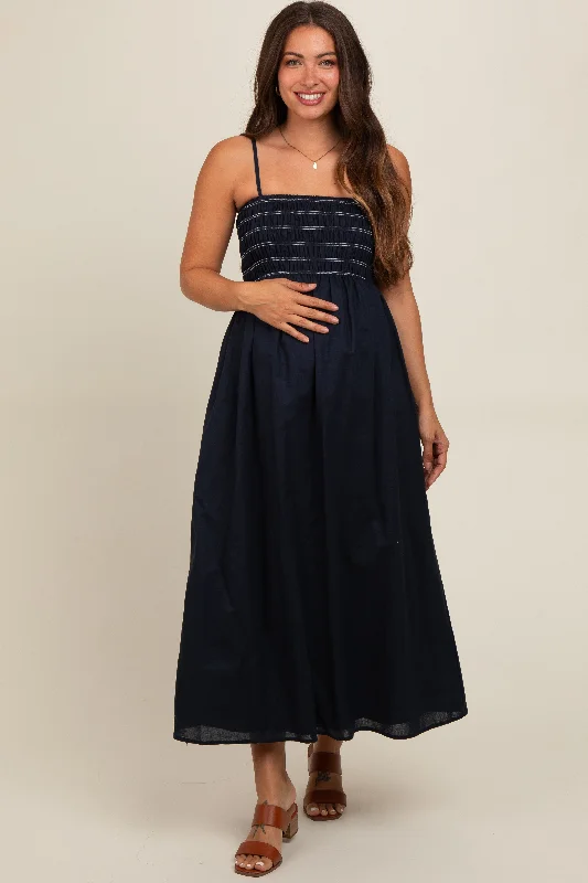 Online Only statement dressNavy Square Neck Maternity Midi Dress