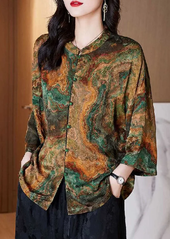 Overstock Women Brown Stand Collar Button Print Patchwork Silk Blouse Top Summer TF1060