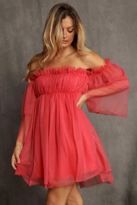 Don't Wait elegant shift dressCoral Off Shoulder Tulle Dress
