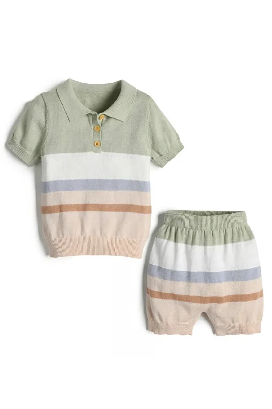 Midnight Sale Boys Knitted Clothes Outfit Set Kids Stripes Polo Shirt Knit Pants Children Tops and Bottoms
