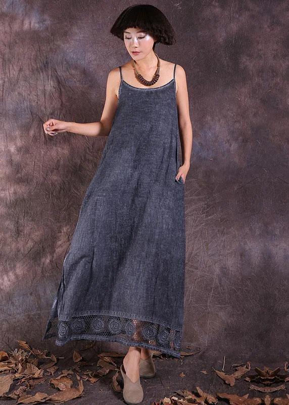 Final Markdown pleated maxi dressFrench gray side open linen clothes For Women hollow out hem Maxi summer Dresses