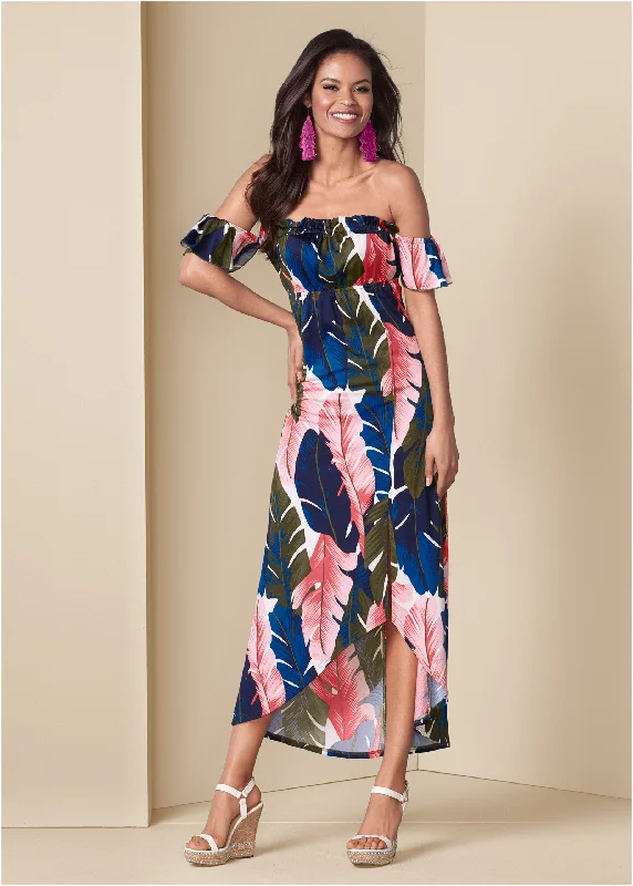 Savings Spectacular floral dressOff-The-Shoulder Maxi Dress - Pink Multi
