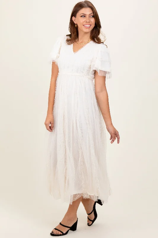 Price Blitz textured dressCream Ruffle Accent Mesh Overlay Maxi Dress