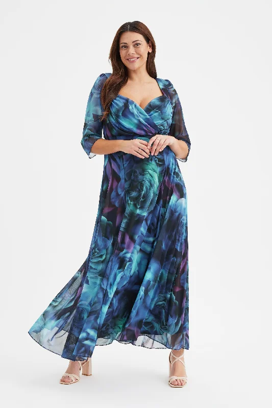 Unmissable Offer evening dressElizabeth Teal Blue Print Mesh Maxi Gown