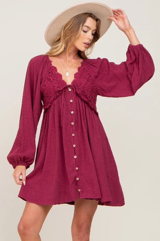 Doorbuster Deal boho dressBurgundy Crochet Lace Button Front Dress