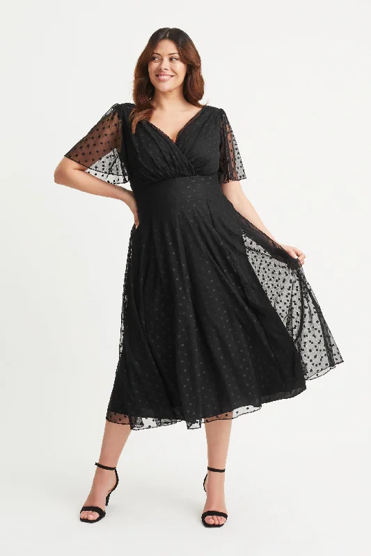 Savings Event party dressVictoria Black Dobby Spot Angel Sleeve Mesh Long Midi Dress