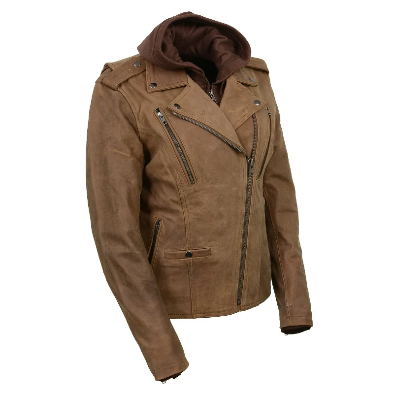 Fantastic Offers Milwaukee Leather MLL2511 Women's 'Damsel' Vintage Crazy Horse Brown Leather Jacket w/ Removable Hoodie