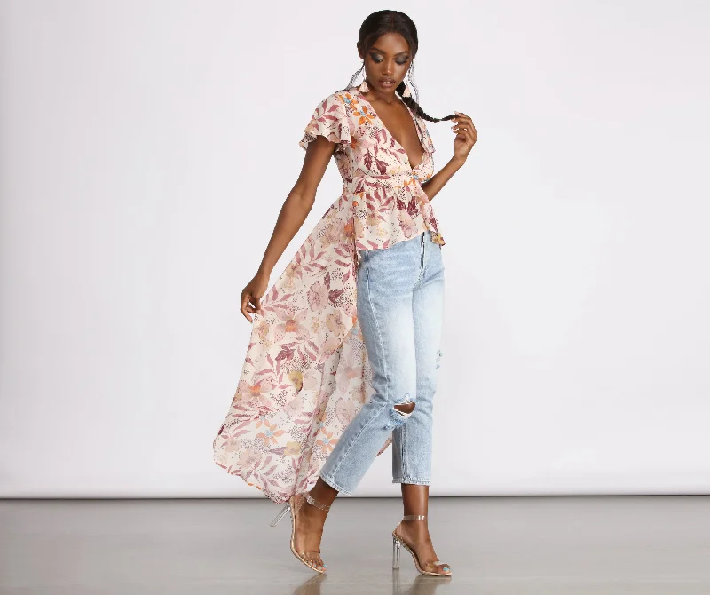 Fantastic Offers Floral Fusion Chiffon High Low Top
