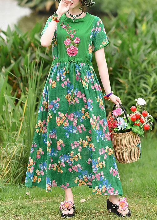 New Deals high-waisted dressFrench green print cotton clothes tie waist embroidery cotton robes summer Dress