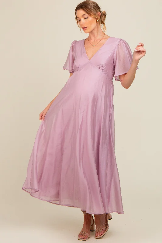 Unbeatable Prices chic dressLavender V-Neck Flutter Sleeve Maternity Maxi Dress