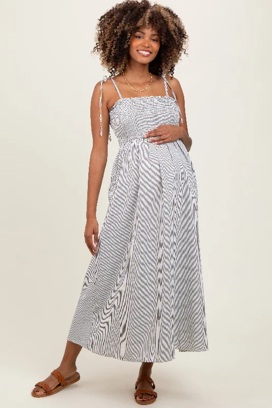 New Deals flowy evening dressIvory Striped Shoulder Tie Smocked Maternity Maxi Dress