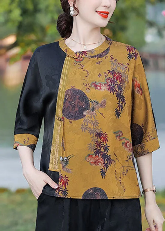 Super Deal French Yellow O Neck Print Patchwork Silk Top Summer LC0275