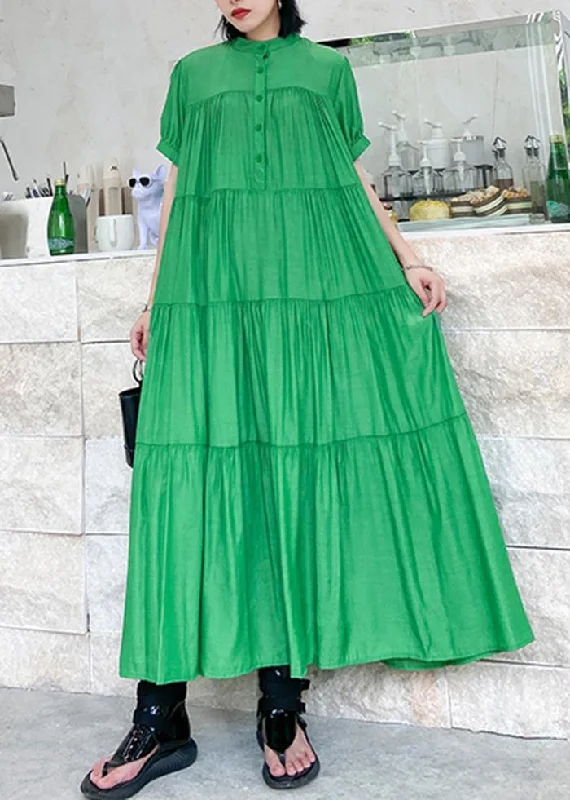 Savings Galore off-shoulder dressHandmade stand collar Cinched cotton dresses Wardrobes green long Dresses
