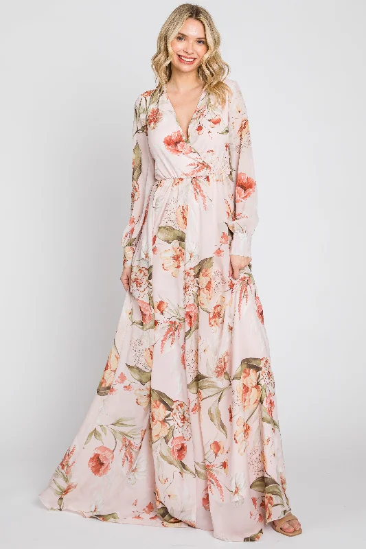 Price Drop casual summer dressLight Pink Floral Chiffon Long Sleeve Maxi Dress