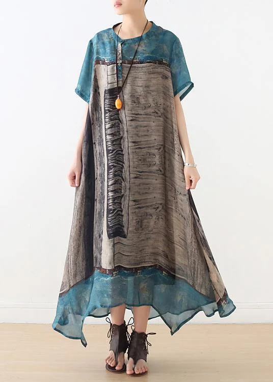 One-DAY Sale office dressLoose blue gray print chiffon Wardrobes Korea Work o neck asymmetric A Line summer Dress