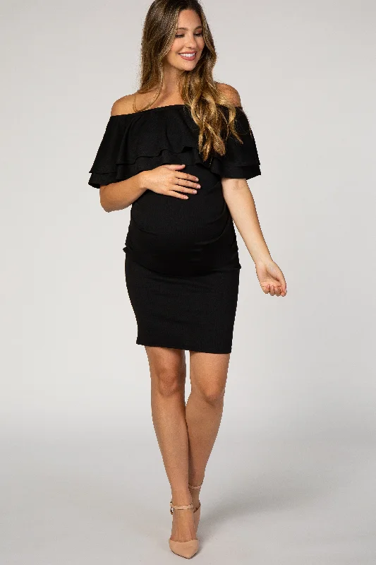 Price Drop pleated maxi dressBlack Off Shoulder Ruched Maternity Dress