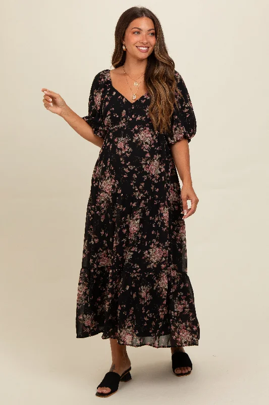 Instant Discount flowy evening dressBlack Floral Tiered Puff Sleeve Maternity Maxi Dress