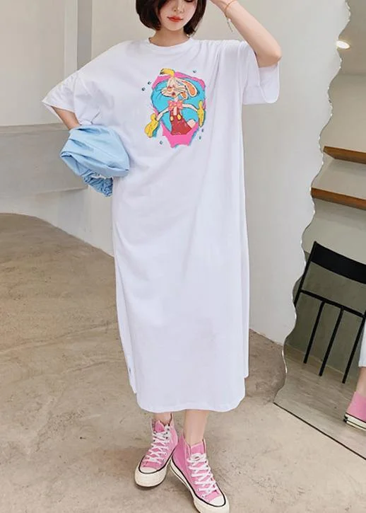 Quick Sale ruffle dressHandmade white Cartoon anime print dress o neck Robe Dresses
