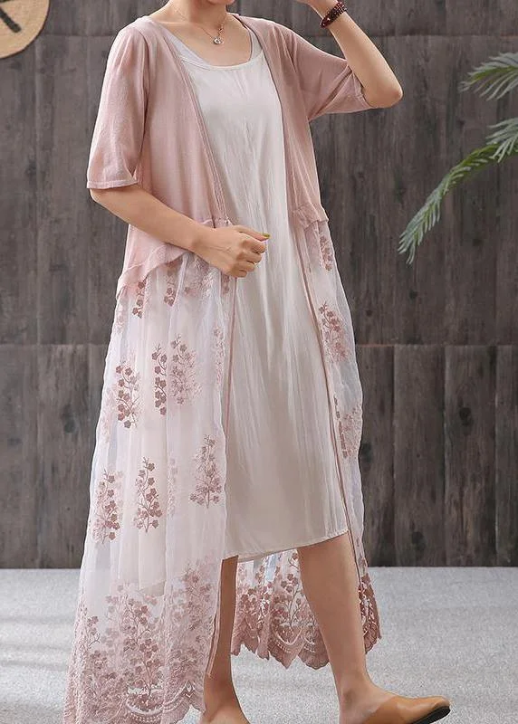 Super Sale flowy dressFrench linen Long Shirts Omychic Literary Embroidery Splicing Long Knitted Coat