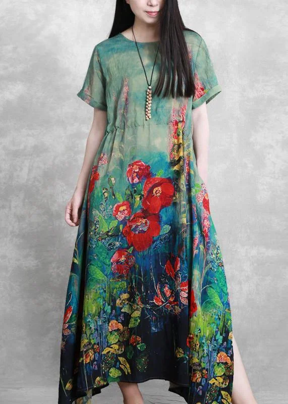 Great Deals flowy maxi dressOrganic green print dresses o neck tie waist Robe summer Dress