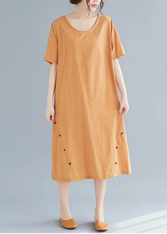 Huge Discounts trendy wrap dressNatural khaki o neck cotton linen dresses Button decorated summer Dress