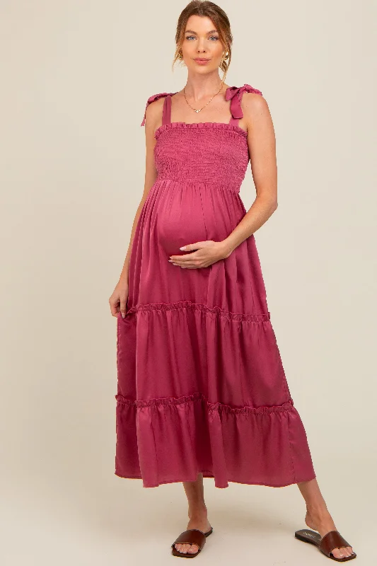 New Arrival flowy dressMauve Satin Smocked Maternity Maxi Dress
