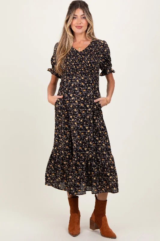 Super Sale velvet dressBlack Floral Print Smocked Ruffle Hem Maternity Midi Dress