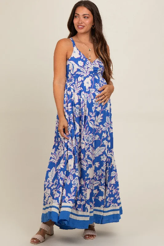 Super Deal flowy dressBlue Floral Cutout Back Tie Maternity Maxi Dress