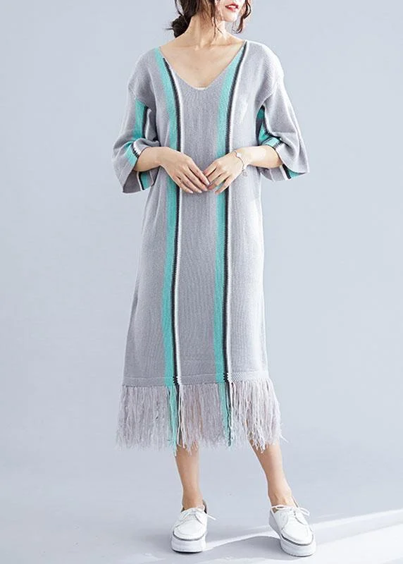 Exclusive Access summer floral dress100% gray tassel cotton Tunic v neck loose Dresses
