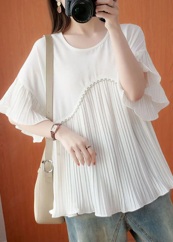 Midnight Madness Simple White Oversized Patchwork Pleated Chiffon Top Summer FR2010