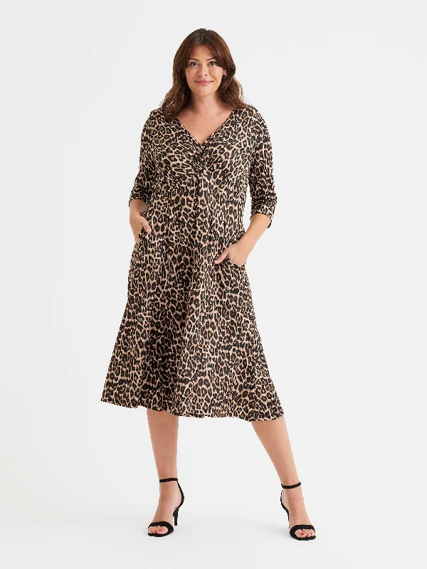 Online Only comfy dressClaudia Leopard Peach Touch Jersey Knot Front Dress