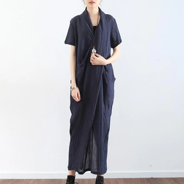 Hot Deal formal dressNavy cross design texture linen maxi dresses short sleeved casual caftans elegant